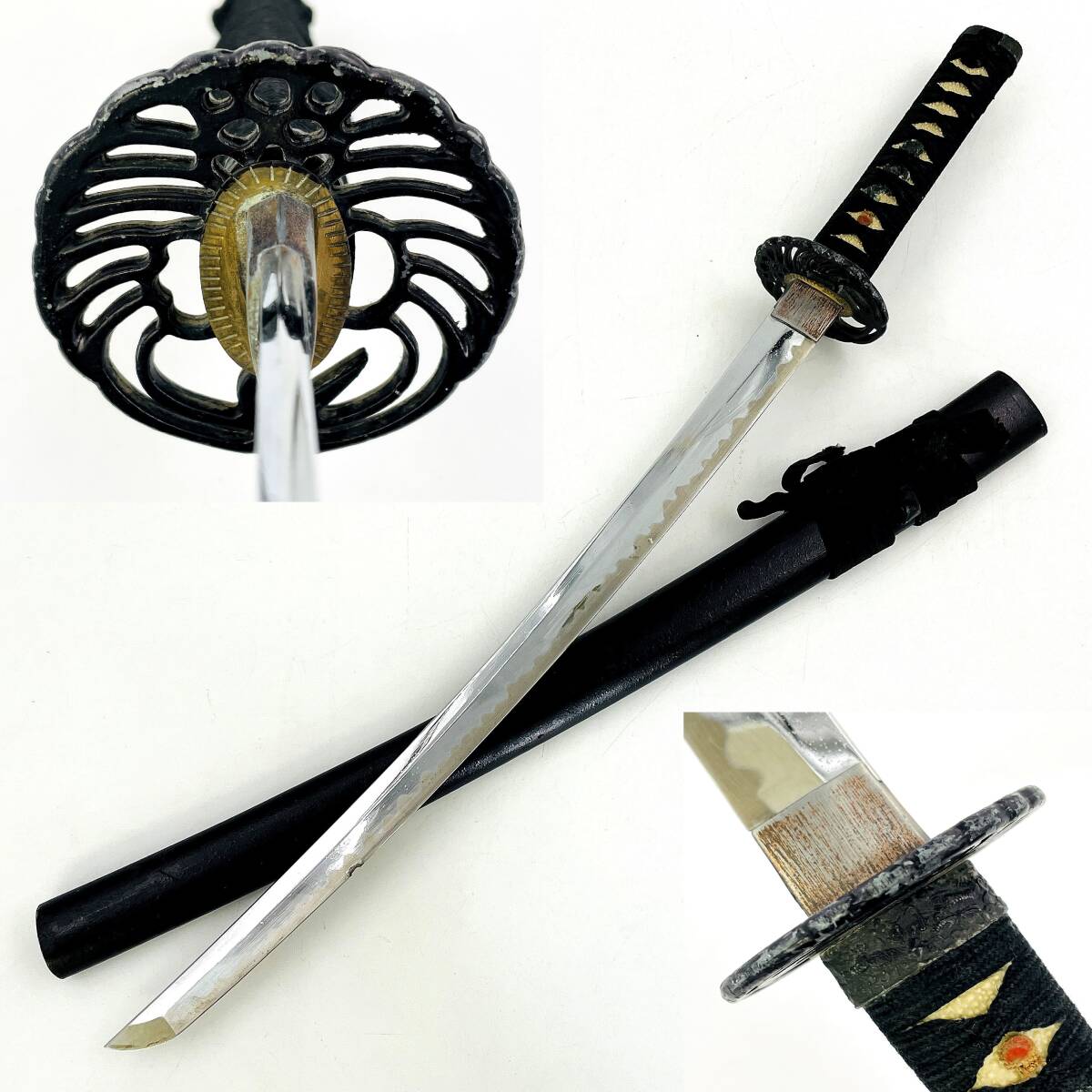 模造刀 居合刀 脇差 維新の志士 勝海舟拵え 波紋入り刀身 塗り鞘 古美術品 全長66cm 刃渡り46cm 鍔7.5×7.5×0.5cm 総重量786g拍卖