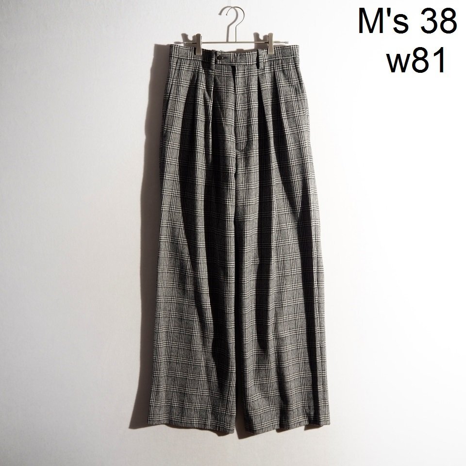 C4228P ▼m's braque エムズブラック▼ シャークスキン ウール 2タック ワイドパンツ グレンチェック 38/M ウールパンツ 秋冬 rb mks拍卖