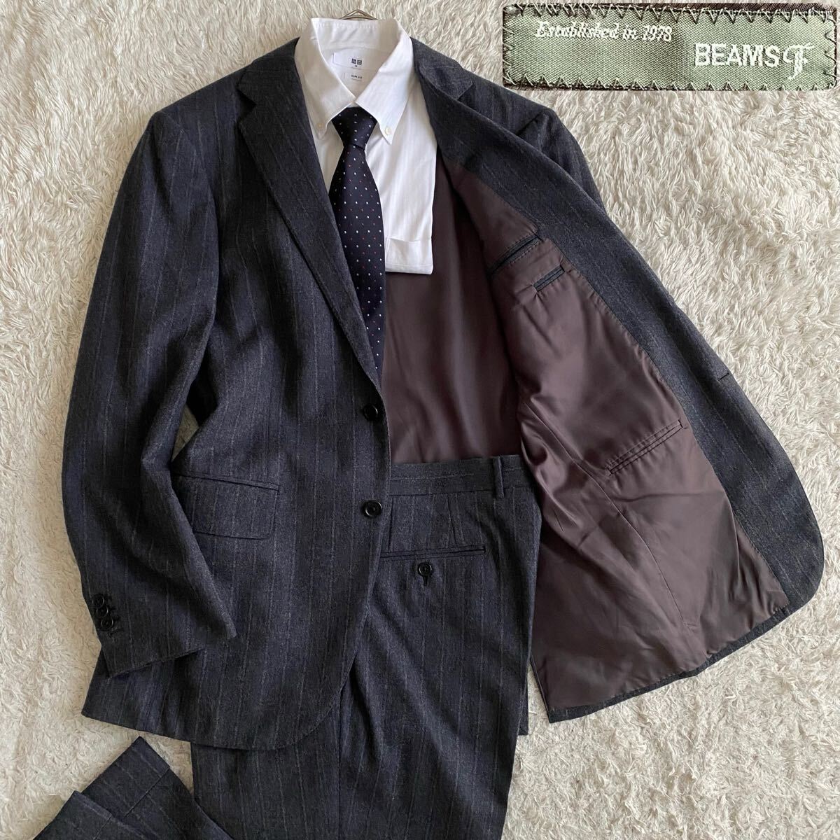 極美品/100 BEAMS F ビームスエフ フランネルスーツ ヘリンボーン グレーストライプ セットアップ 本切羽 1タック サイドベンツ拍卖