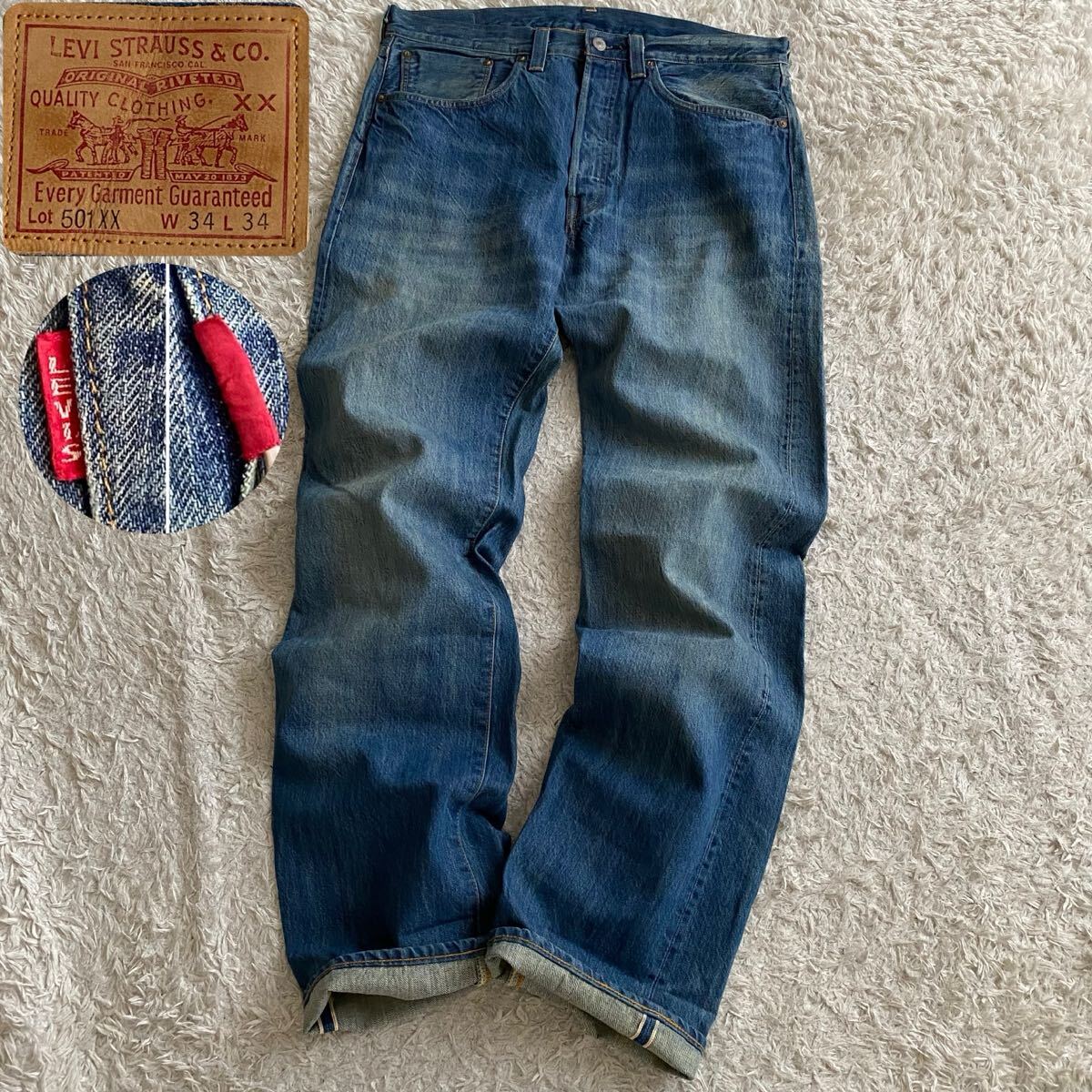 極美品/40s復刻/W34 リーバイスLVC 47501XX-0226 片面bigE ビッグE 赤耳セルビッジ セルビッチ 日本製 ヒゲ ハチノス デニム ジーンズ拍卖