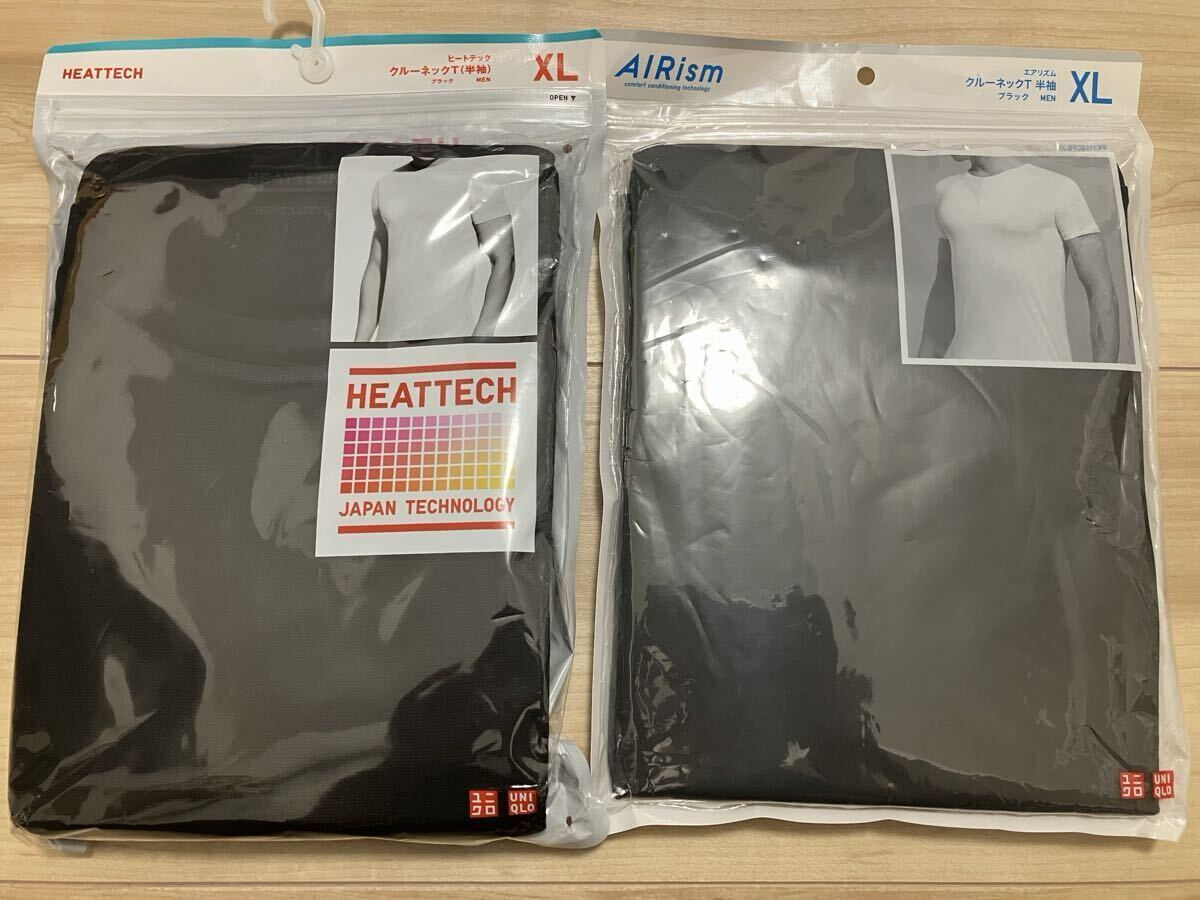 新品!!ユニクロ☆ヒートテック クルーネックT(半袖)、エアリズム クルーネックT(半袖)各XLサイズ ブラック☆MEN UNIQLO HEATTECH拍卖
