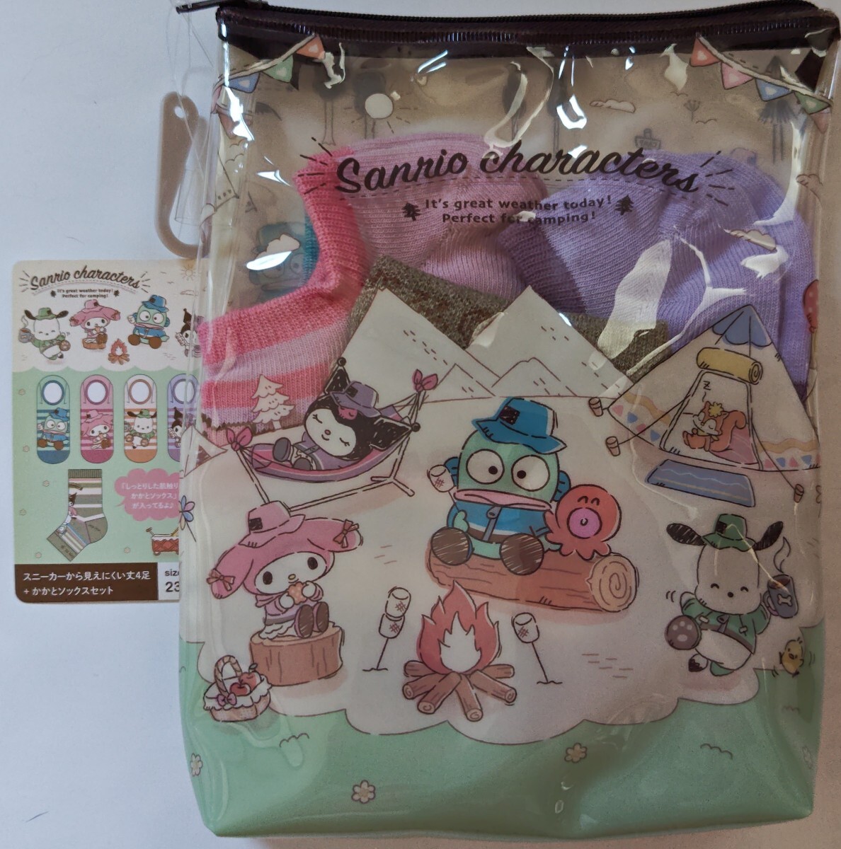 サンリオキャラクターズ/ポチャッコ/マイメロ/クロミ/ハンギョドン☆キャンプ柄ポーチ付ソックス⑤足セット☆アベイル限定☆未開封(タグ付)拍卖