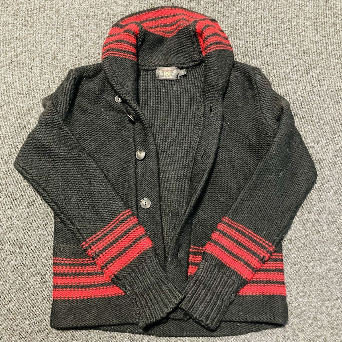 1円スタート!RRL RALPH LAUREN フィッシャーマン ニット ジャケット カーディガン ショールカラー ライン Sサイズ ブラック×レッド拍卖