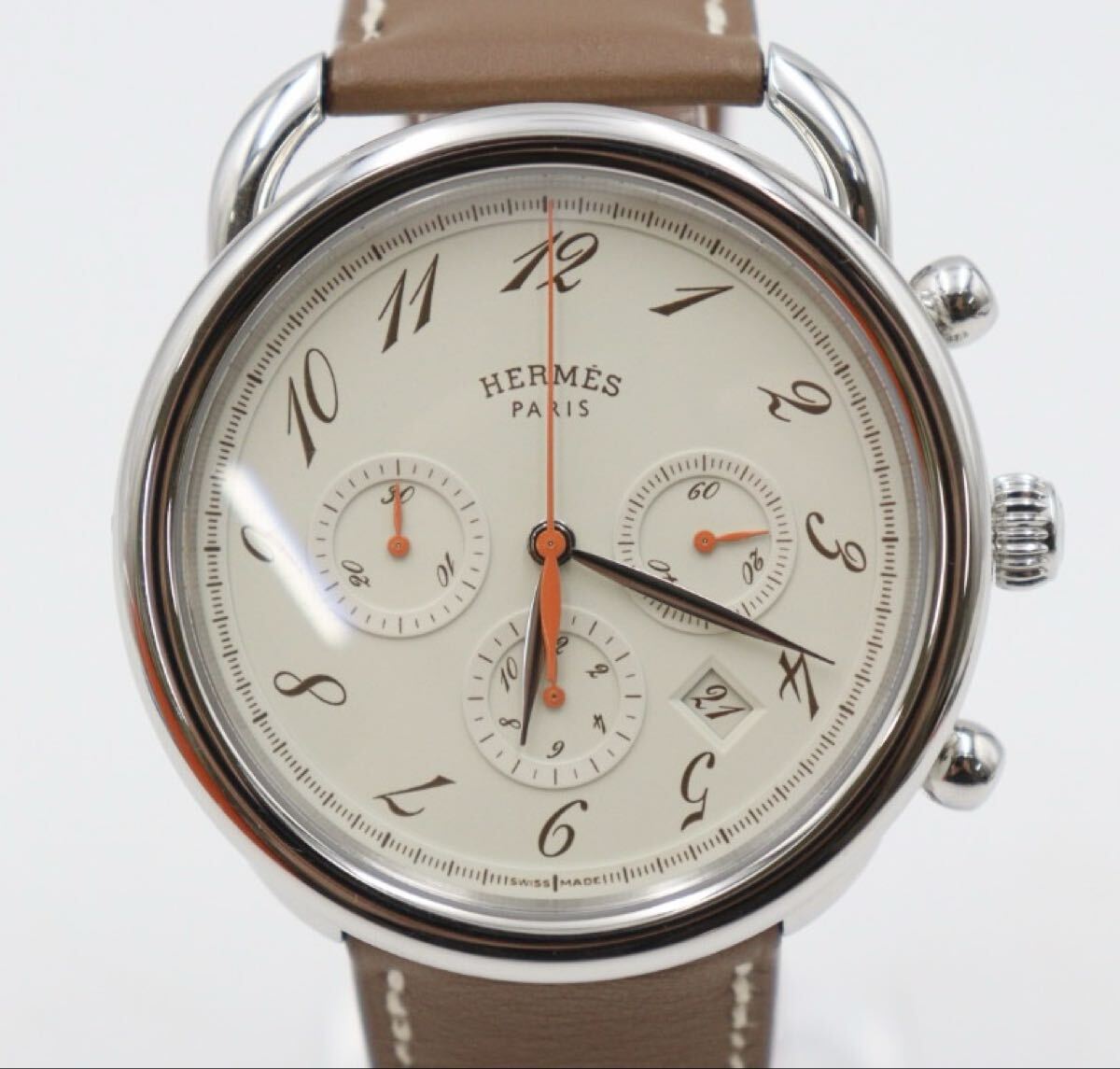 エルメス/HERMES/アルソー/クロノグラフ/AR4.910/アイボリー文字盤/デイト/メンズ/自動巻き/AT拍卖
