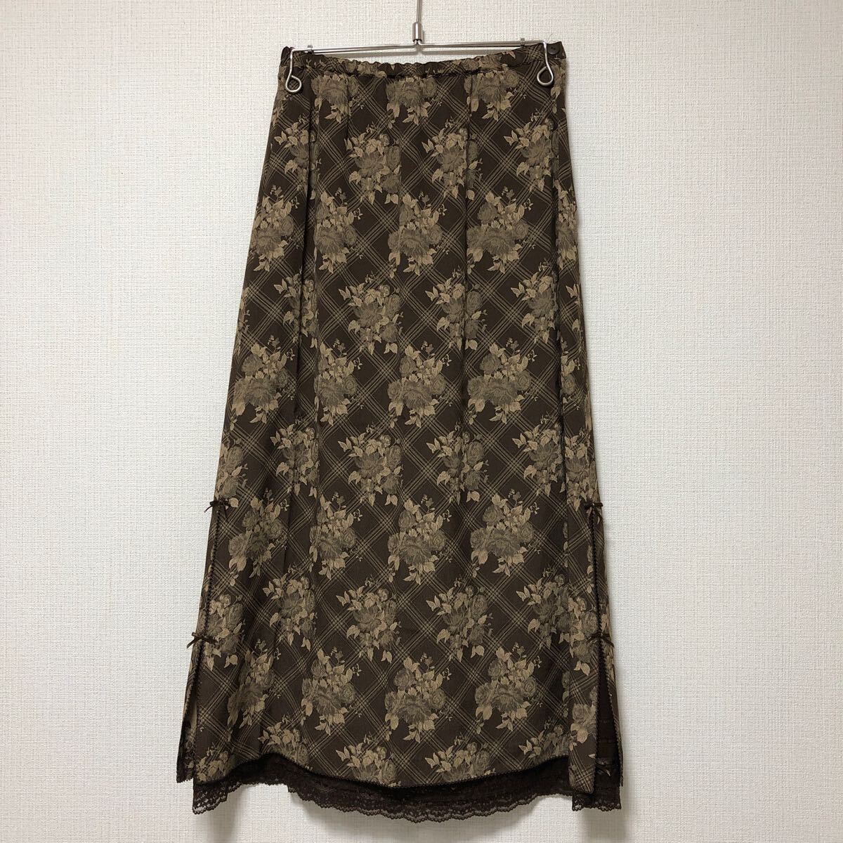 (k) KANEKO ISAO カネコイサオ 金子功 花柄 リボン&レース ウエストゴム ロング 茶 ブラウン 拍卖