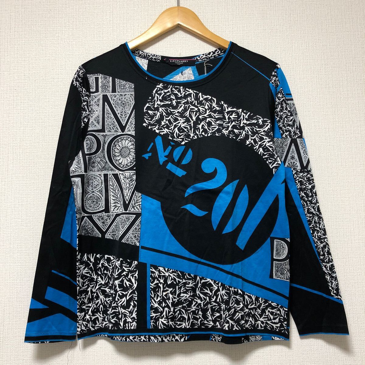(k) LEONARD レオナール 長袖 カットソー Tシャツ トップス 総柄 レディース L ブルー×ブラック コットン拍卖