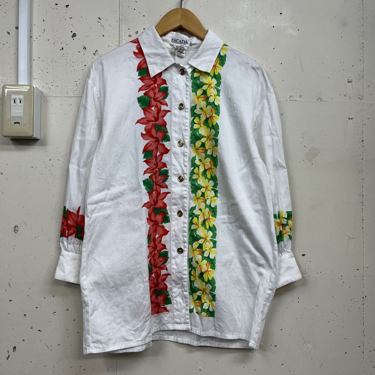 VINTAGE ESCADA ビンテージ エスカーダ 鳥 花柄 長袖シャツ ドイツ製 白 ホワイト プリント レディース 36 コットン拍卖