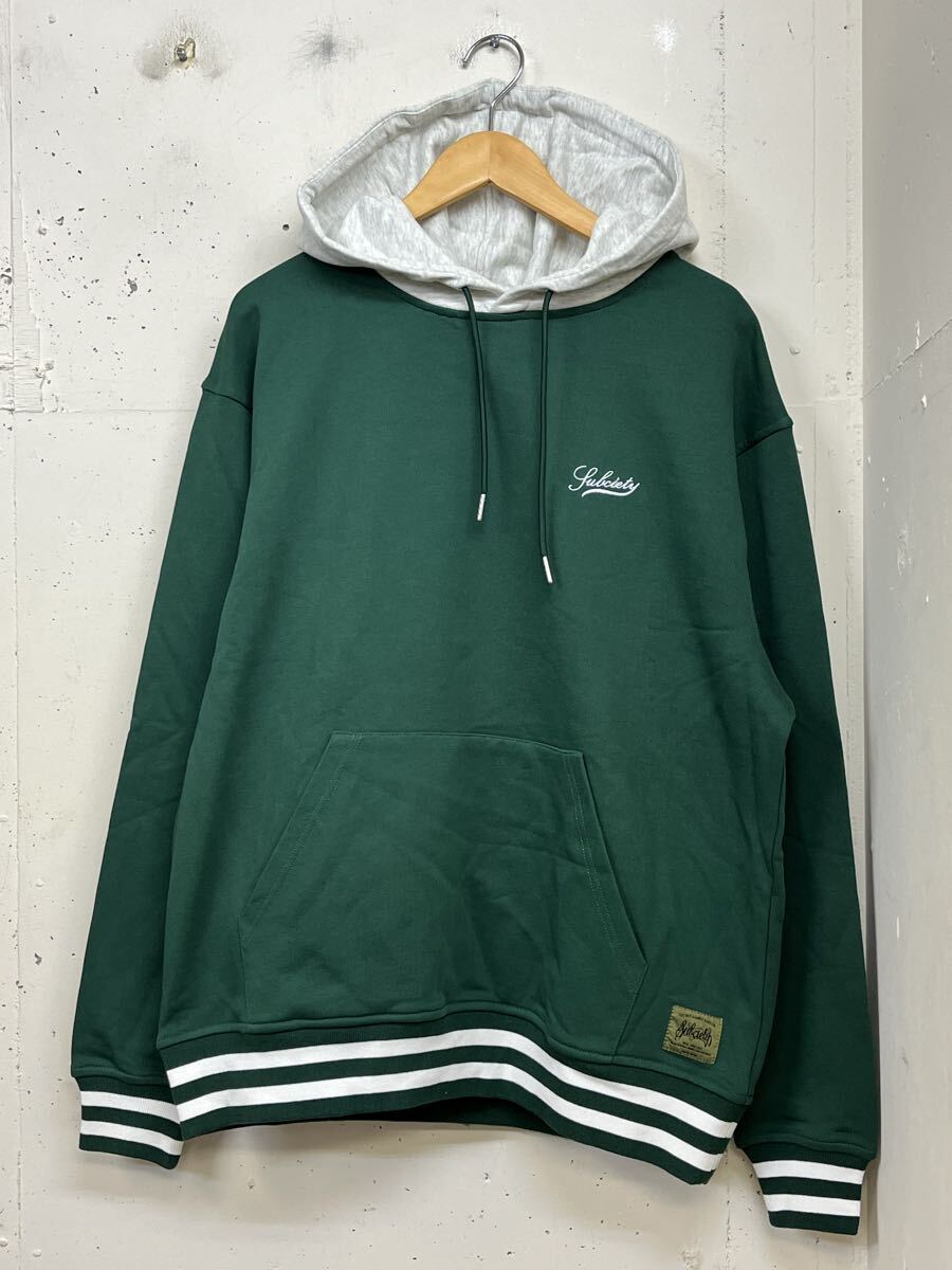 新品 subciety サブサエティ ラインリブ 2トーン スウェット パーカー 緑 グレー L拍卖