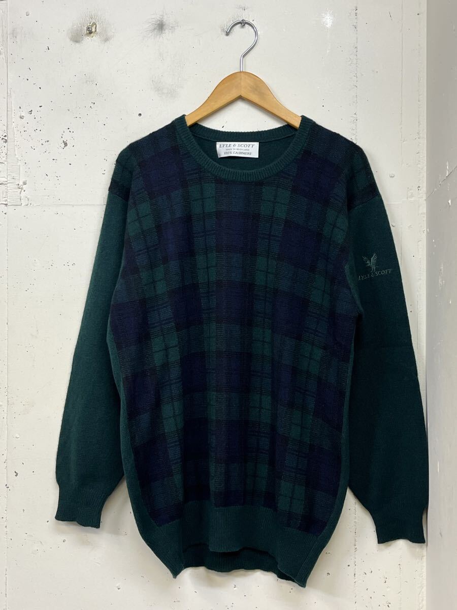 LYLE&SCOTT ライル&スコット ブラックウォッチ チェック柄 100%カシミア 丸首 ニット セーター L位 緑紺 スコットランド製拍卖
