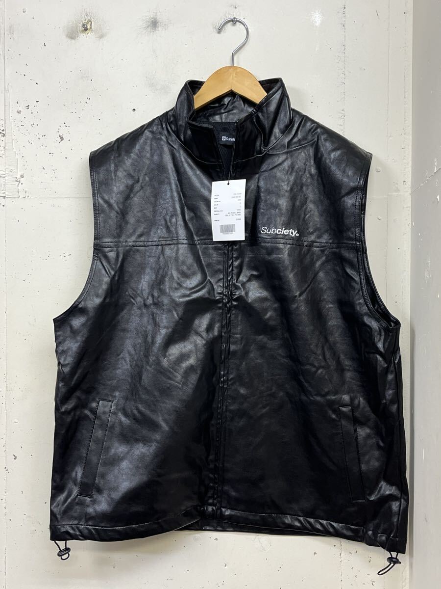 新品 Subciety サブサエティー STAND NECK VEST スタンドネックベスト エコレザー 黒 L ビッグサイズ 定価9900拍卖
