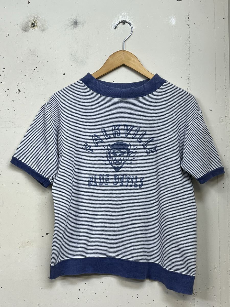 60s 60年代 ビンテージ 半袖スウェット 紺白 デビル ボーダー 染み込みプリント拍卖