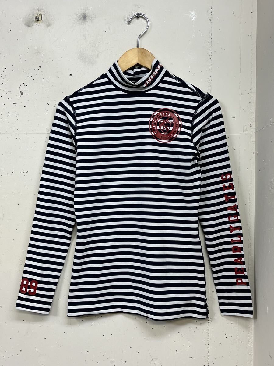 美品 PEARLY GATES パーリーゲイツ ボーダー ハイネック 長袖カットソー tシャツ レディース 0 ゴルフウェア 白紺拍卖