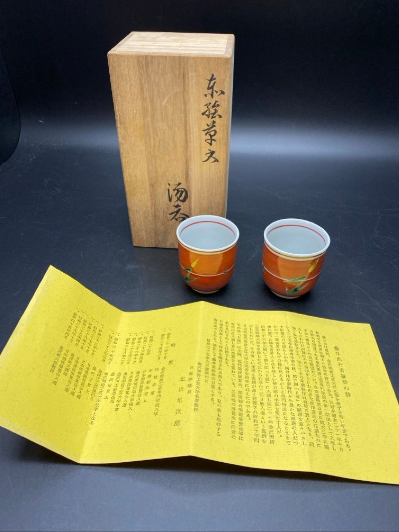 石川県 伝統工芸 九谷焼 藤井尚行 赤絵草文 湯呑 共箱 煎茶 KUTANI ☆ちょこオク☆60拍卖