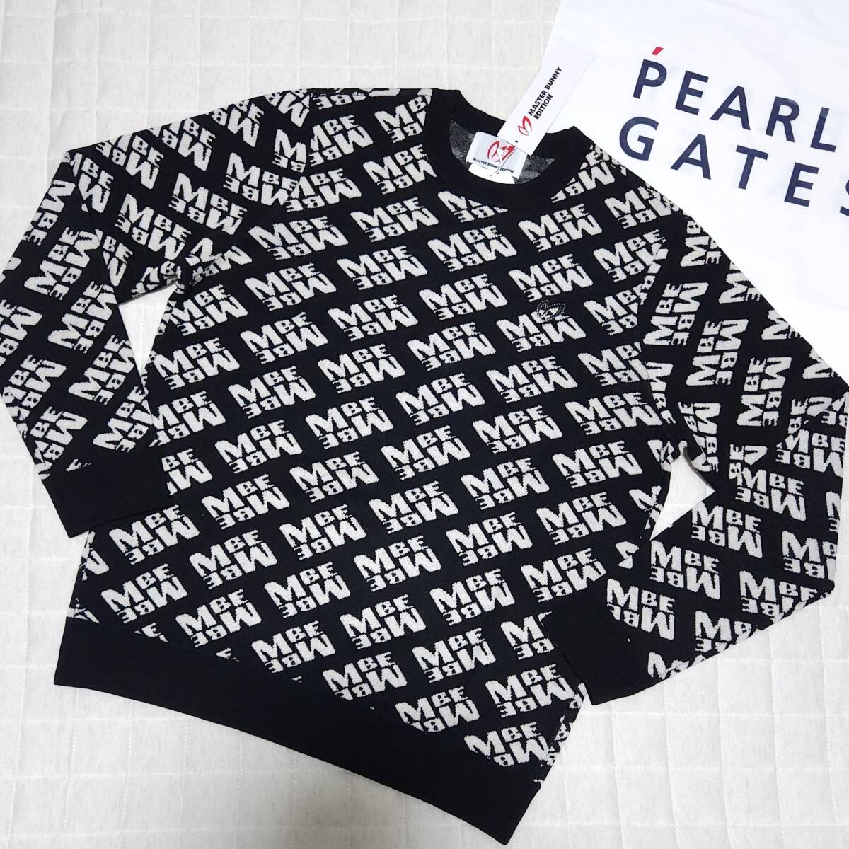 正規品 新品 PEARLY GATES パーリーゲイツ マスターバニー メンズ クールネックニットプルオーバー MBE総柄 保温 ブラック size4拍卖