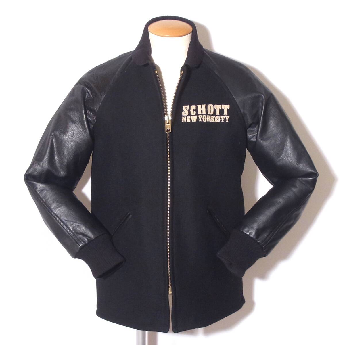 美品Schott【ショット/ファラオコート/メルトンX牛革レザーSオールブラック】④拍卖