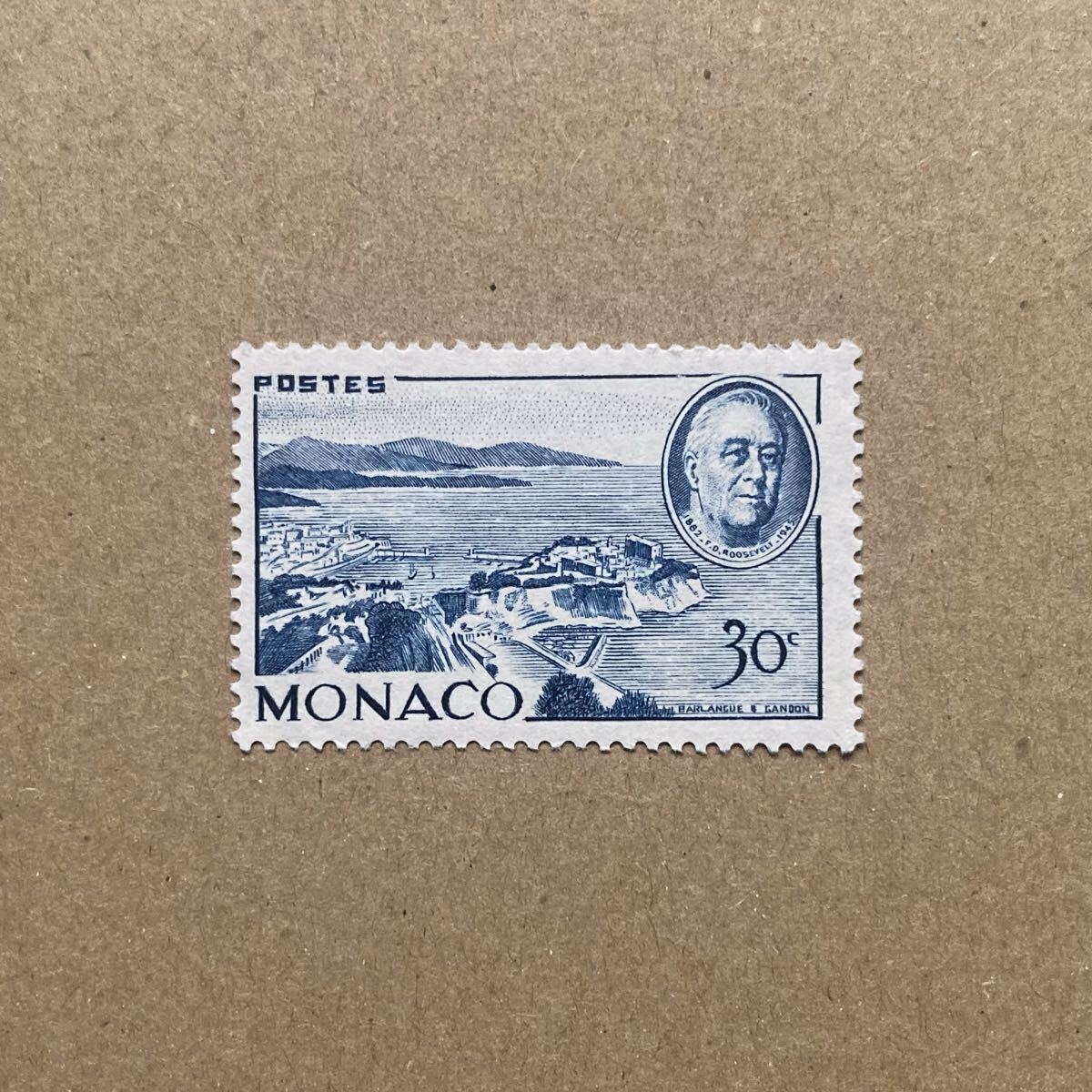 外国切手【美品】1946年 モナコ公国 第32代アメリカ合衆国大統領 フランクリン・D・ルーズベルト没後1周年 切手 30c 未使用品拍卖