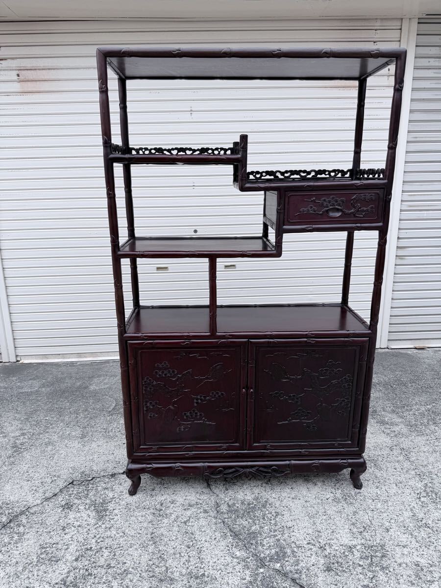 花梨 唐木 飾り棚 茶棚 レトロ 透かし彫り 彫刻 レア 高級 違い棚 唐木 和家具拍卖