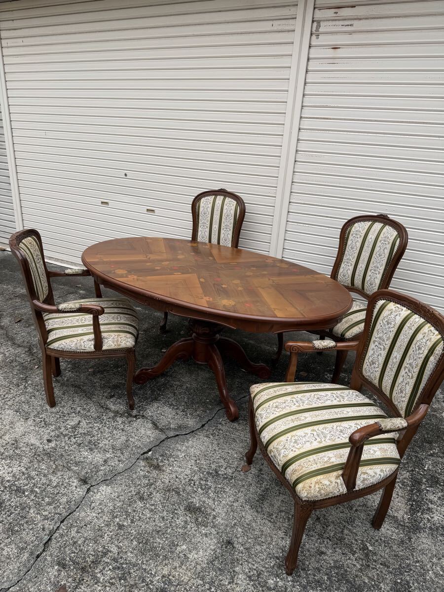 イタリア製 ロココ調 象嵌細工 ダイニング5点セット 猫脚 クラシック アンティーク調 ヴィンテージ拍卖