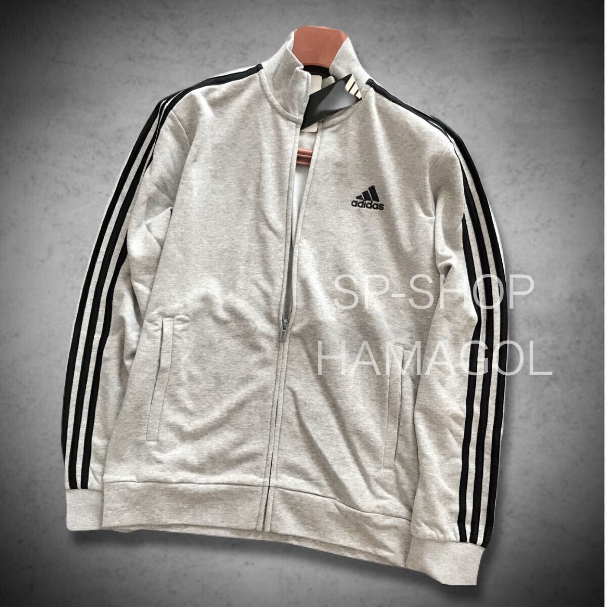 ▲B773新品【メンズL】灰グレー アディダス adidas ゴルフにオススメ トラックジャケット スリーストライプス フレンチテリー素材拍卖