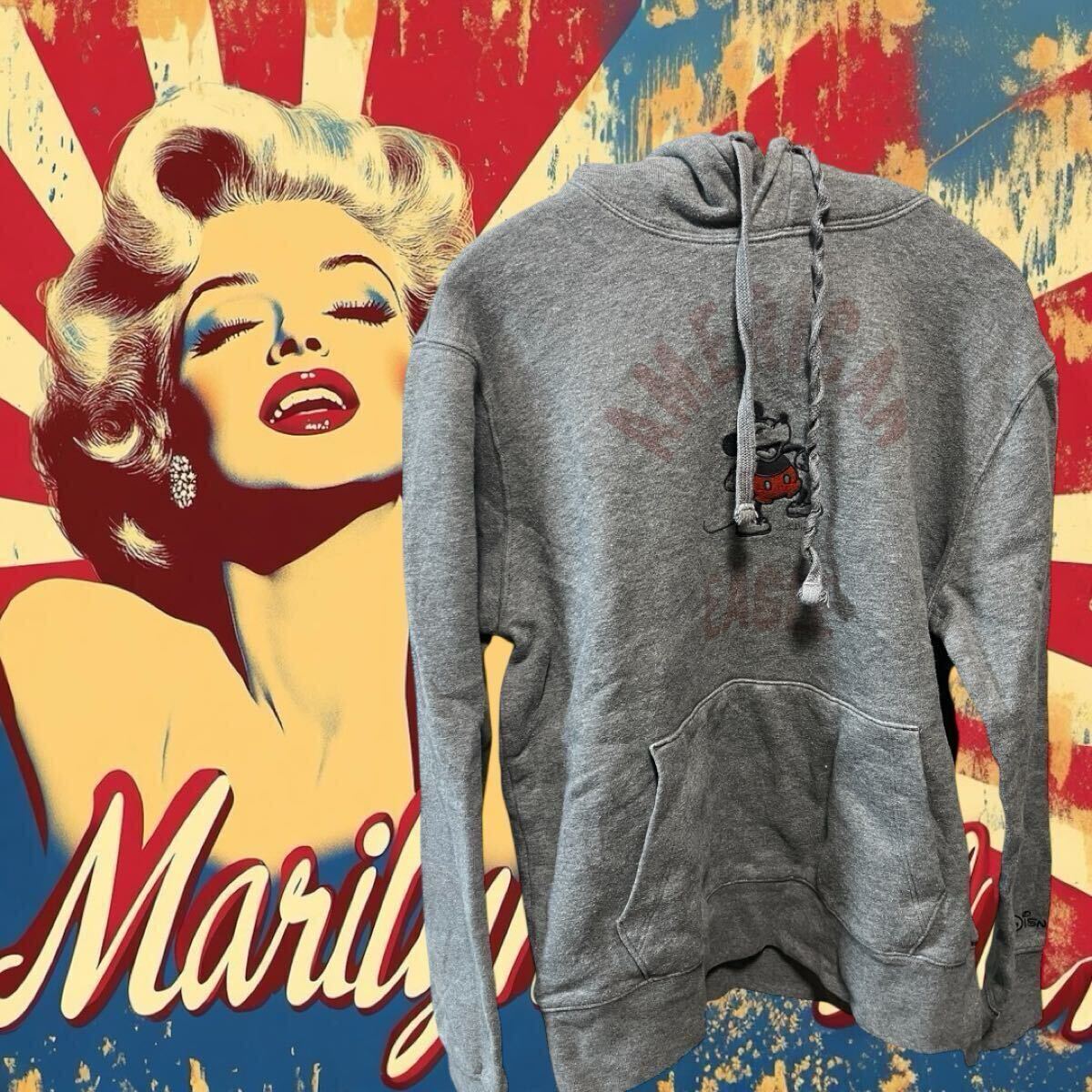 USA 古着 AE × Disney ミッキーマウス パーカー グレー 刺繍ロゴ AMERICAN EAGLE コラボ 美品 裏起毛拍卖