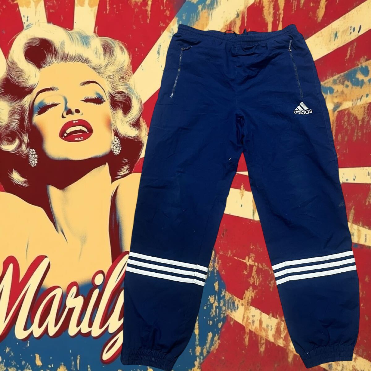【adidas】ナイロンパンツアディダス ネイビー 裏起毛 3本ライン 90s〜00s ヴィンテージサイドライントラックパンツ拍卖