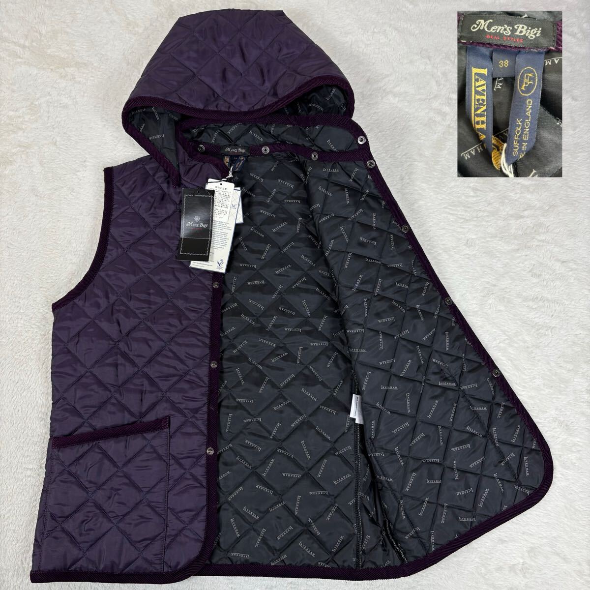 新品 【Lサイズ コラボ パープル 2way】LAVENHAM MEN'S BIGI ラベンハム メンズビギ キルティングジャケット 裏地柄 ロゴ 英国製 洗える 紫拍卖