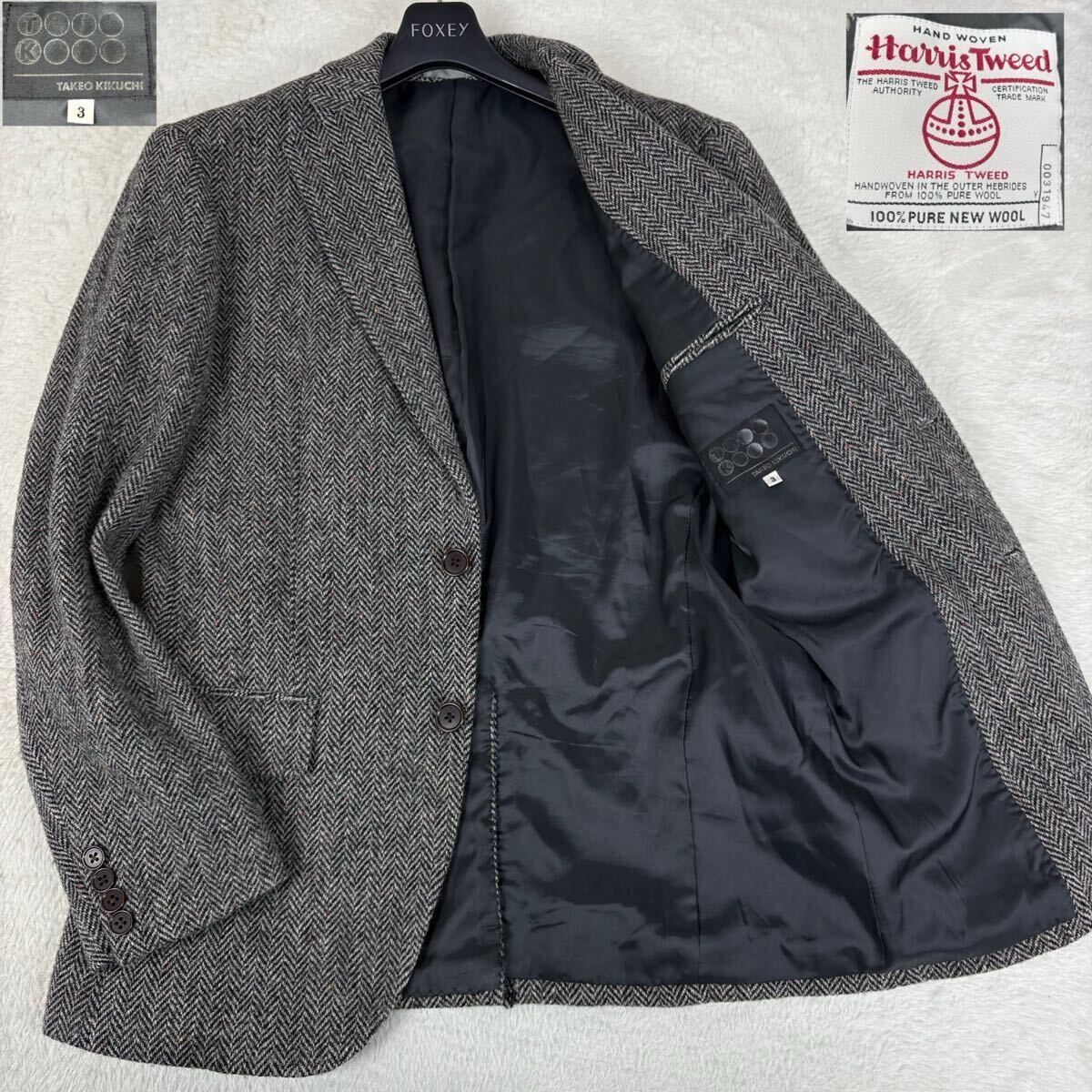 美品 【Lサイズ ハリスツイード ヘリンボーン】タケオキクチ TAKEO KIKUCHI テーラードジャケット シングル 2B グレー スーツ 英国生地 3拍卖