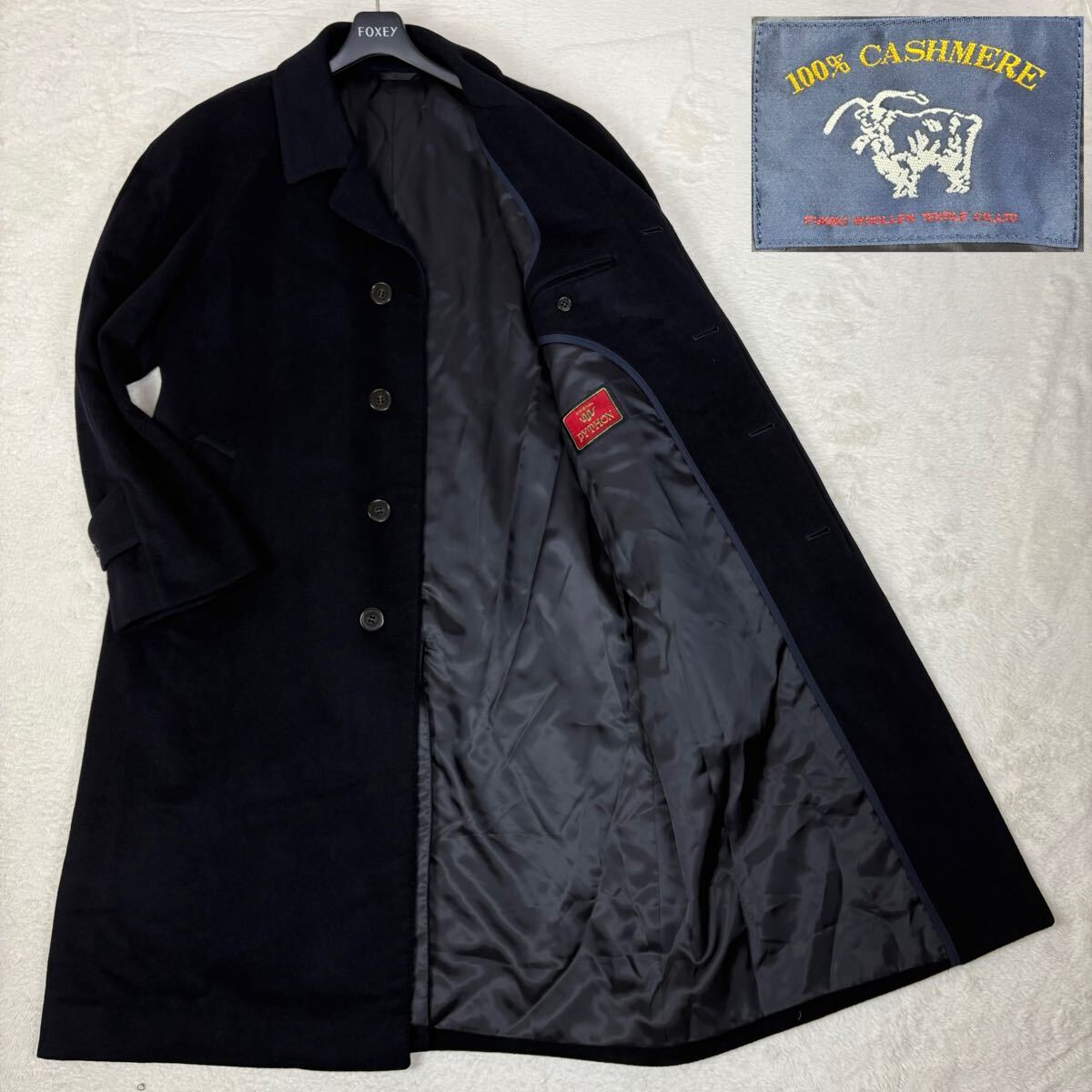 【Lサイズ カシミヤ100 日本製】チェスターコート ロング丈 ネイビー ビジネス cashmere カシミア ロングコート ステンカラー 紺 着丈107cm拍卖