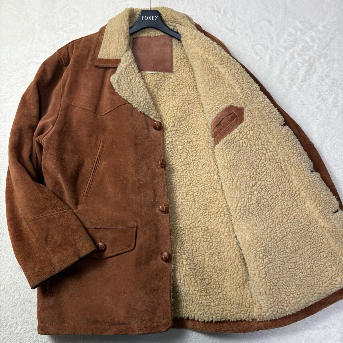 【Lサイズ 牛革 ボア クルミボタン】ランチコート ムートンコート レザージャケット チェスター シングル カウレザー 本革 極暖 肉厚 拍卖