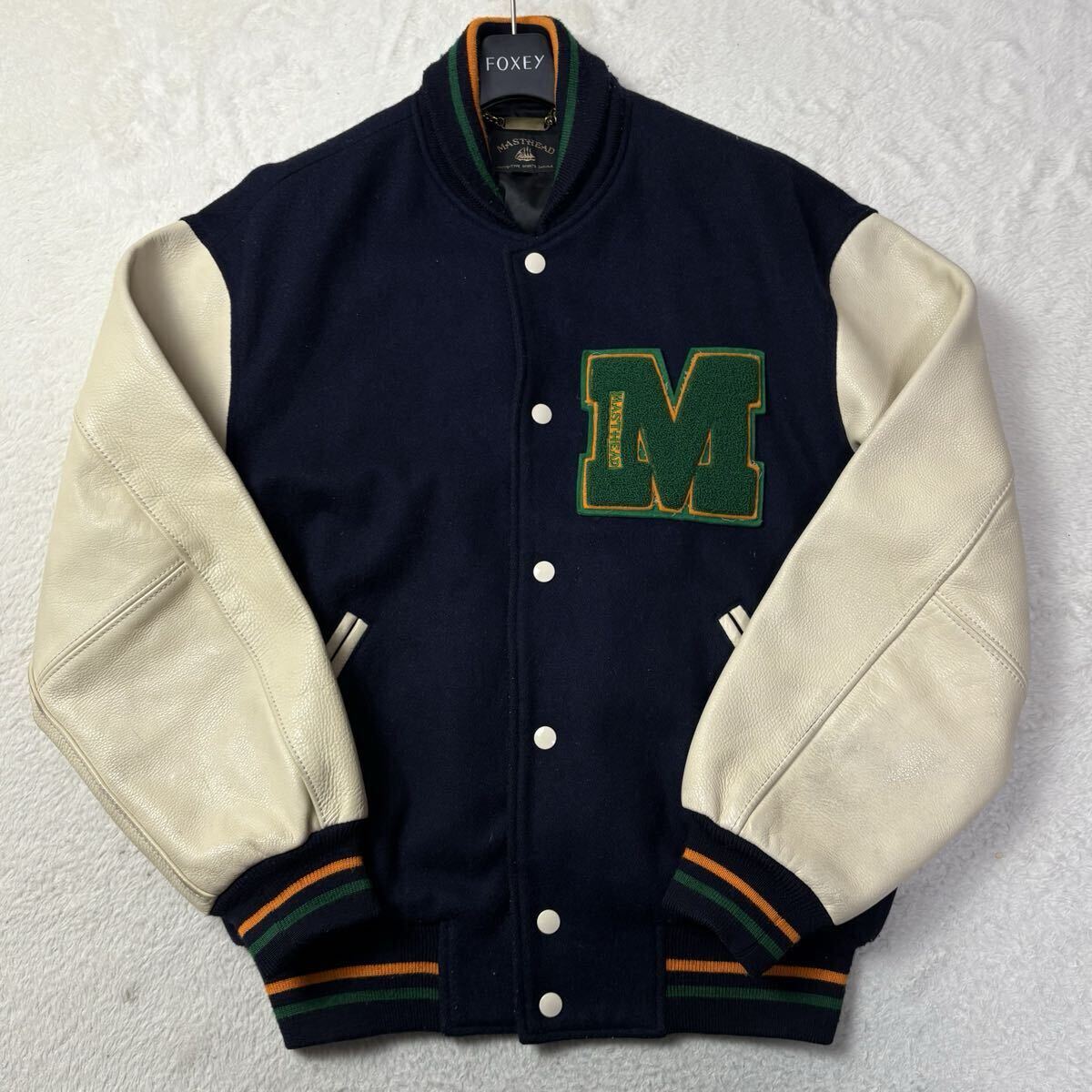 【Lサイズ カウレザー ワッペン】MASTHEAD スタジャン ジャンパー ブルゾン ジャケット 袖レザー 牛革 本革 カジュアル リブ ニット 紺 緑拍卖