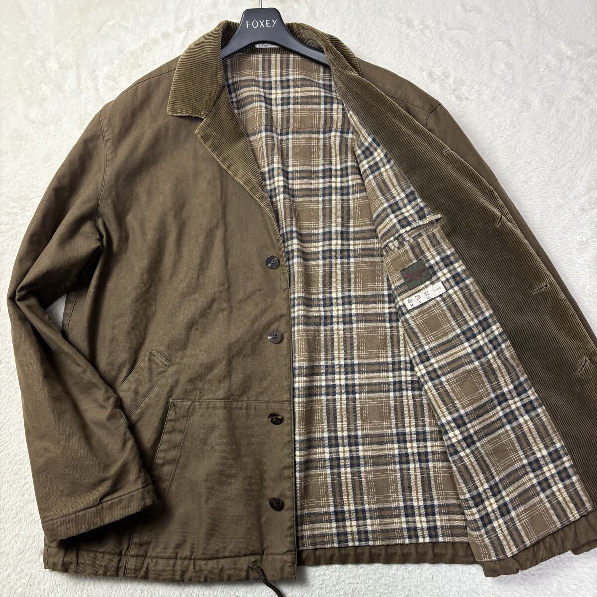 PAPAS パパス Lサイズ カバーオール ブルゾン ジャケット ミリタリー コーデュロイ 裏地柄 チェック 日本製 刺繍 ロゴ エルボーパッチ 刻印拍卖