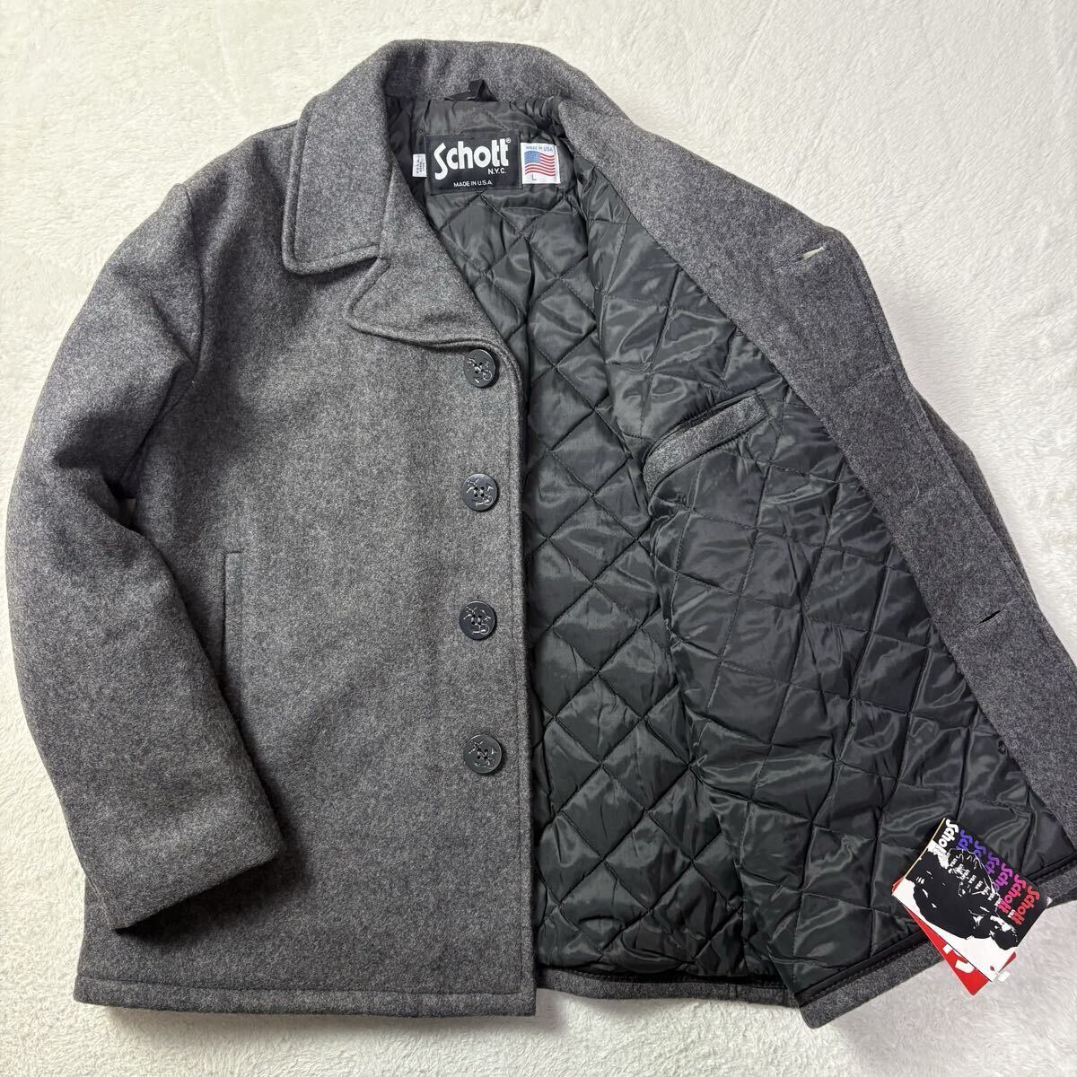 【新品 Lサイズ USA製】SCHOTT ショット Pコート キルティング メルトン シングル タグ付き 未使用 グレー 肉厚 極暖 アメリカ製 碇ボタン拍卖