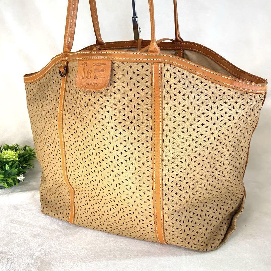 【美品】genten カットワーク トートバッグ 本革 A4可 工具刻印 マーク パッチワーク拍卖