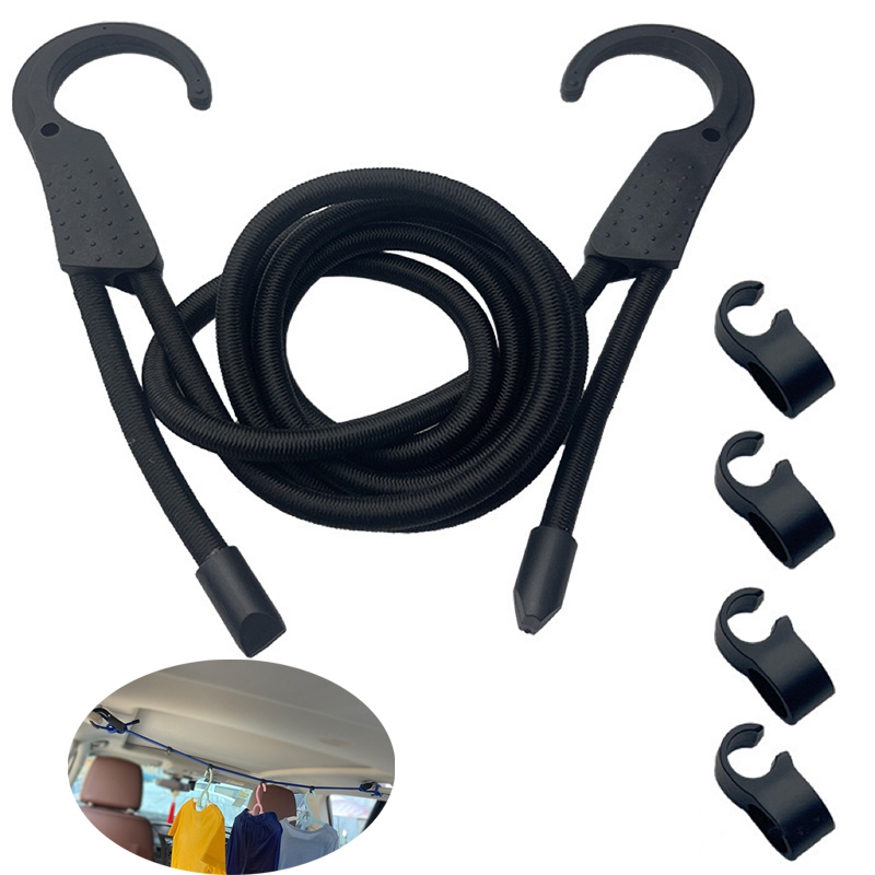 車用 車内荷物固定ロープ 洗濯物干し 携帯便利 多用途 調節可能 弾力ゴム紐 4つクリップ付きキャンプ 旅行 1.5m ブラック拍卖