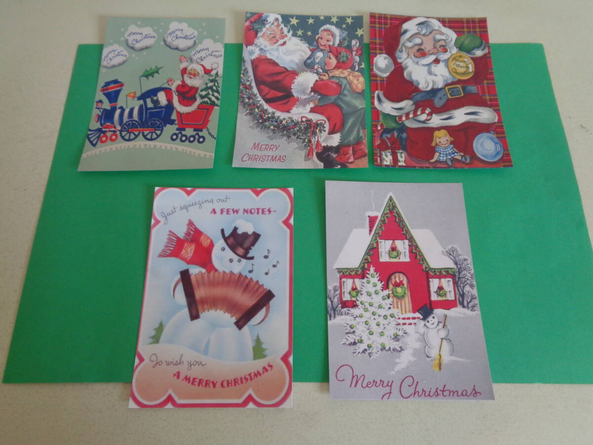 即決 新品 ポストカード 絵ハガキ 5枚セット 光沢紙 クリスマス柄 サンタクロース スノーマン 雪だるま ハンドメイド イラスト拍卖