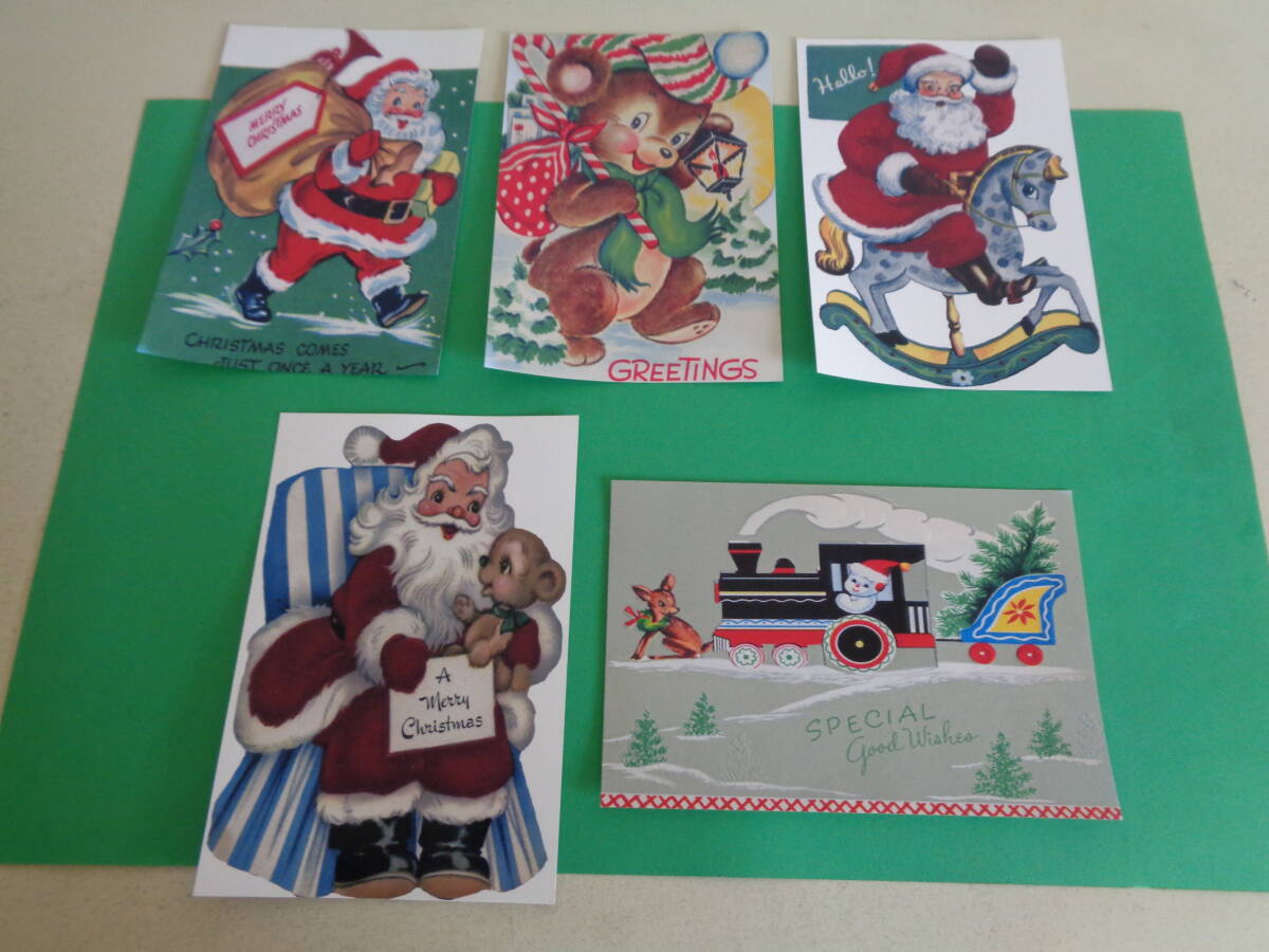 即決 新品 ポストカード 絵ハガキ 5枚セット 光沢紙 クリスマス サンタクロース アニマル柄 クマ レトロ イラスト クラフト拍卖