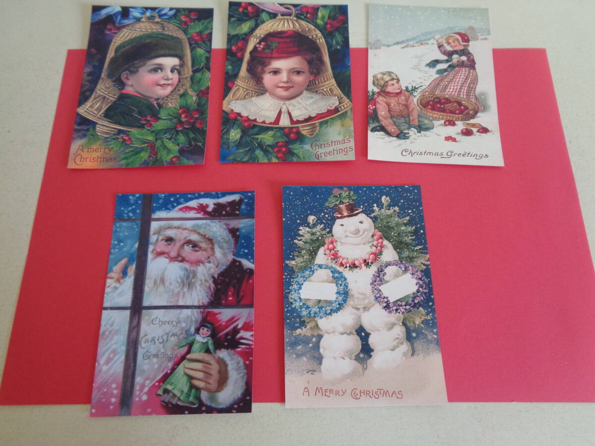 即決 新品 ポストカード 絵ハガキ 5枚セット 光沢紙 ビクトリアン クリスマス サンタクロース スノーマン 雪だるま アメリカ拍卖
