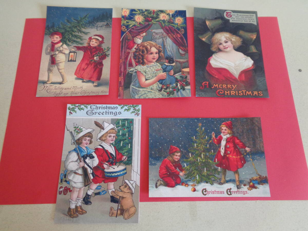 即決 新品 ポストカード 絵はがき 5枚セット 光沢紙 ビクトリアン クリスマス柄 レトロ イラスト ハンドメイド 男の子 女の子拍卖