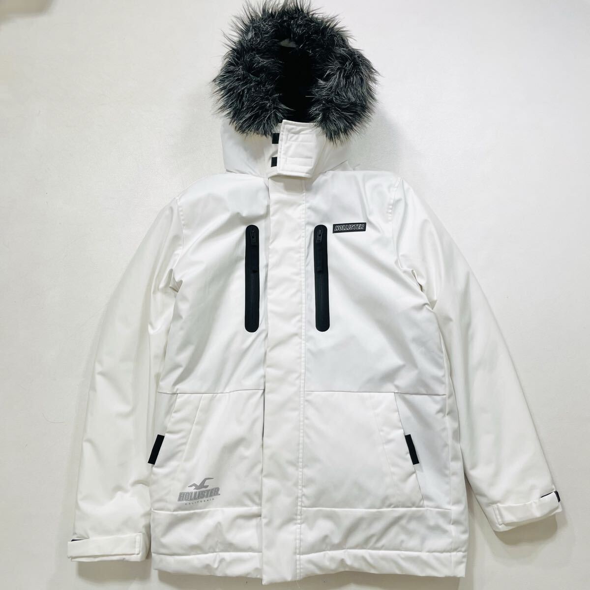 BB HOLLISTER ホリスター フード付 ダウンジャケット M リフレクターロゴ 裏ボア ホワイト レディース メンズ ユニセックス 中綿 51020P拍卖