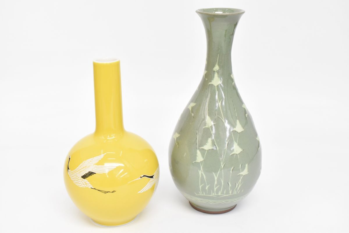 (1277M 1021M13) 1円~ 花瓶 雲鶴 双鶴 2点セット 高麗青磁 志昔 他 花器 花生 花入 置物 華道具 陶器拍卖