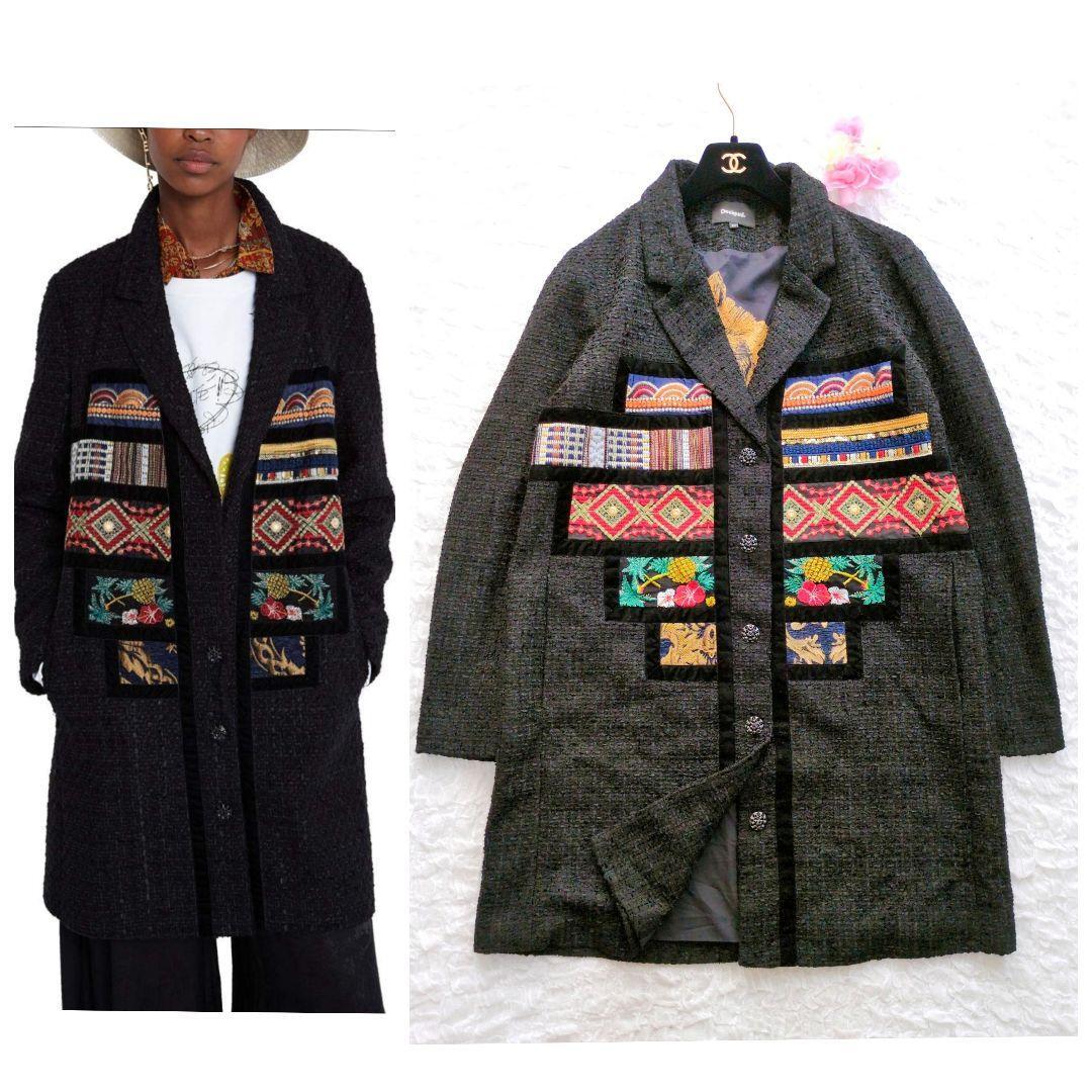 Desigual チロリアンツイードオーバーコート XL 42 大きいサイズ デシグアル テーラード ブラック拍卖