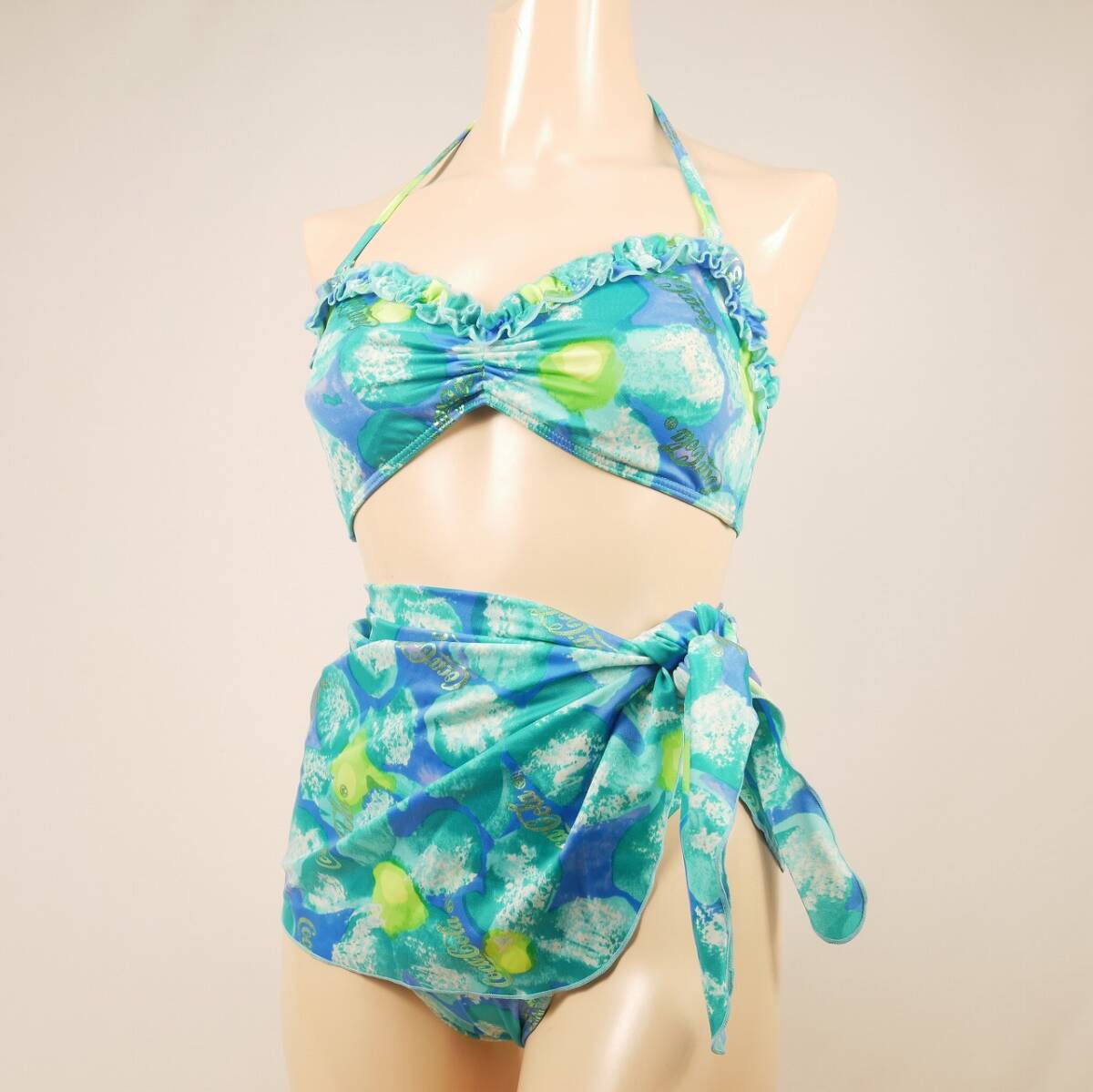 7950 レディース水着 ゴージャスモダンプリント フリルがかわいいホルターネックビキニ 3点セット 11Lサイズ ブルー系 匿名配送拍卖