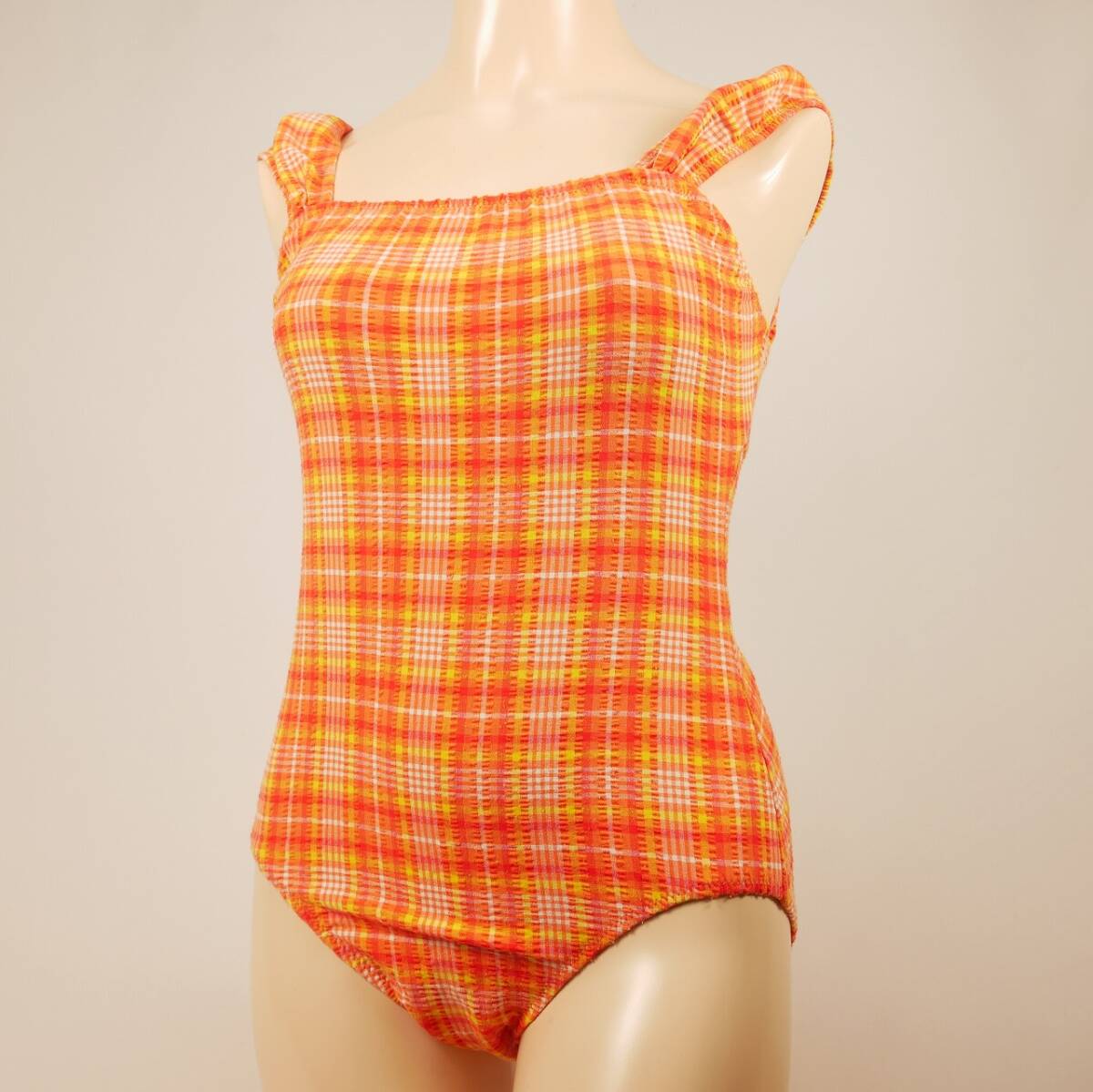 7964 レディース水着 チェック柄 かわいいバックリボンワンピース水着 9Mサイズ オレンジ系 匿名配送拍卖