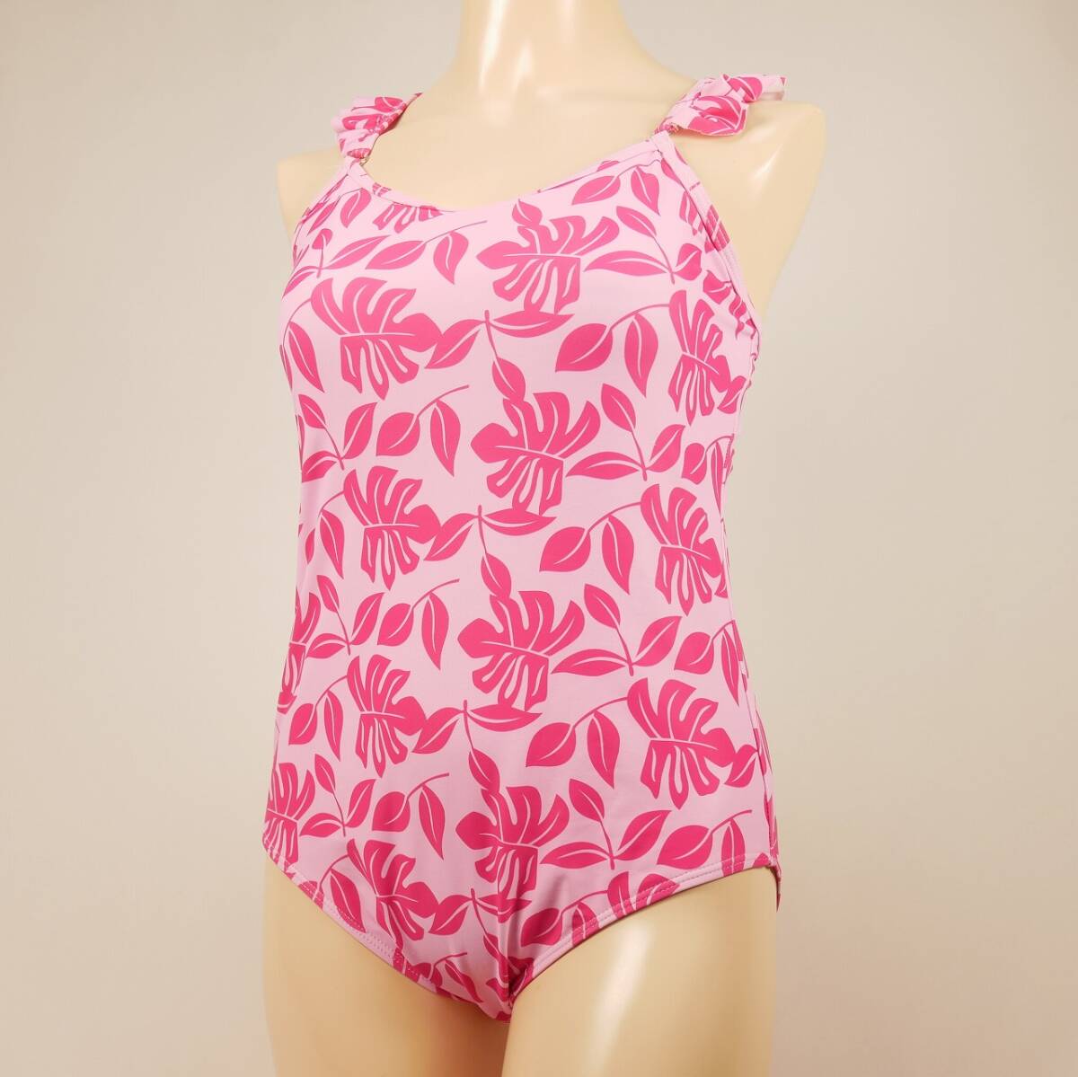 7992 美品 レディース水着 葉柄プリント フリルとバックデザインがかわいいワンピース Mサイズ ピンク系 匿名配送拍卖