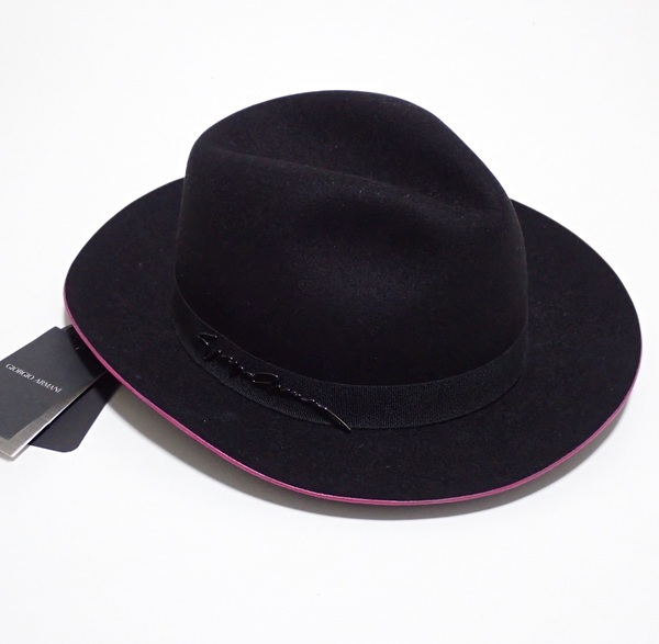 【未使用/タグ付き】GIORGIO ARMANI ジョルジオアルマーニ フェドラハット ラビットファー 57 黒 中折れハット ソフト帽 帽子 拍卖