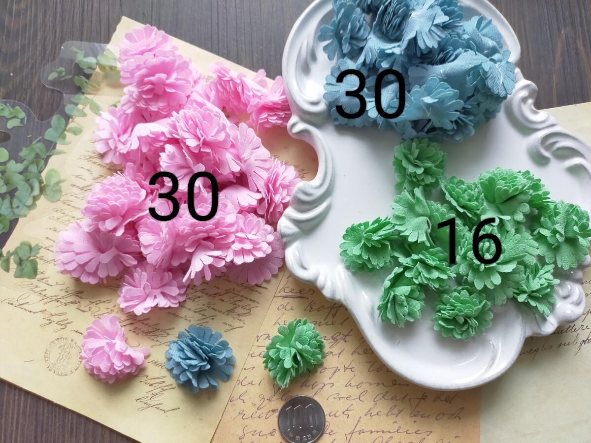 A433最終出品【計76枚】まとめ直径【約3.5cm】シフォン立体花モチーフピンクグリーンスモーキーブルーハンドメイド副資材デコパーツ拍卖
