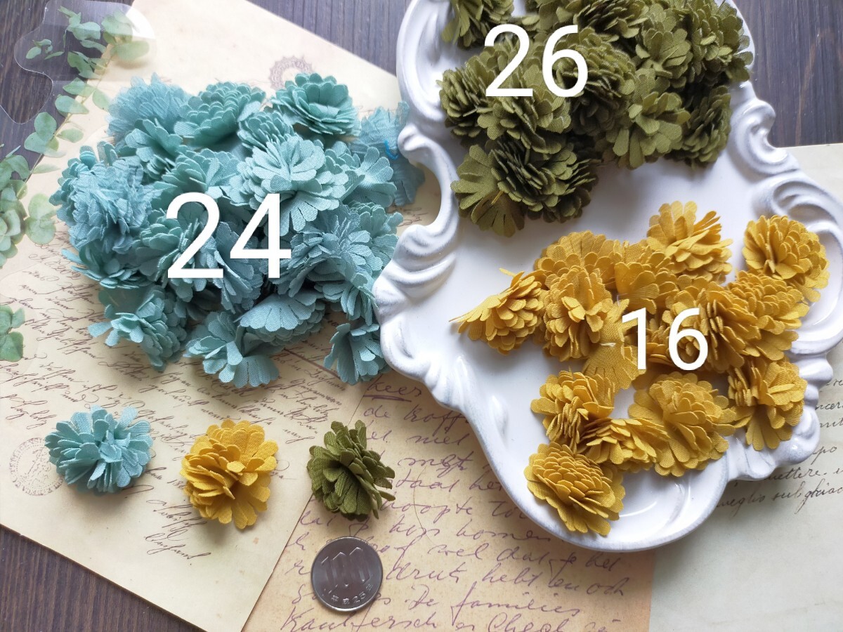 A434最終出品【66枚】まとめ直径【約3cm】シフォン立体花モチーフマスタードオリーブ色スモーキーブルーハンドメイド副資材デコパーツ拍卖