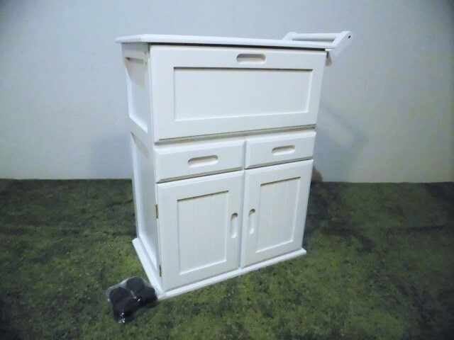 【送料無料】即決【展示品・新品】天然木★キッチンワゴンカウンター【取手・キャスター付】ホワイト拍卖