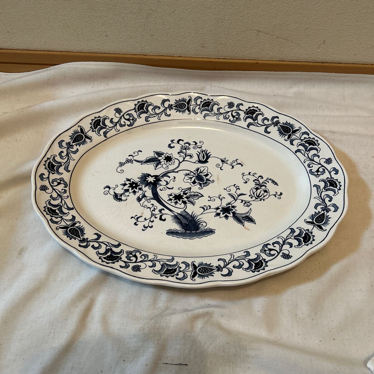 NIKKO DOUBLE PHOENIX ニッコー 日本製 オーバル皿 大皿 紺色 花柄 廃盤 洋食器 レトロ 約40.5×31cm拍卖