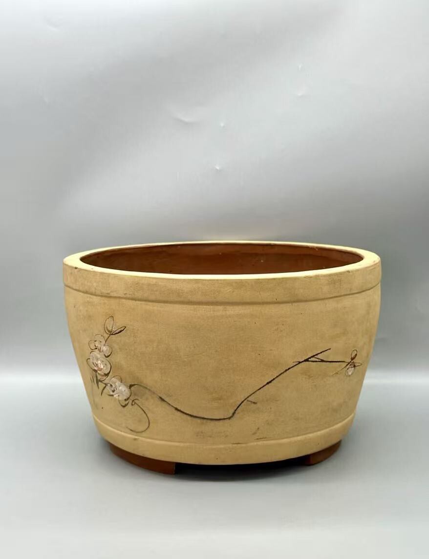 中国古玩 唐物 朱泥 白泥 段泥 彫刻 サイズ約 23*16.5cm植木鉢 盆栽在印 時代物 極上品 中国美術 盆栽鉢 盆器拍卖